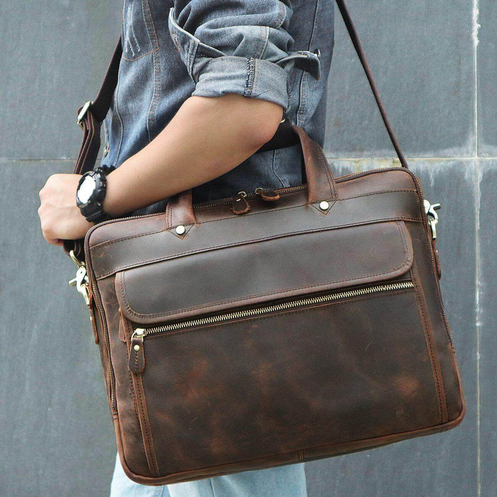 Premium vintage Crazy Horse leather laptop bag for men, ideal for daily use.