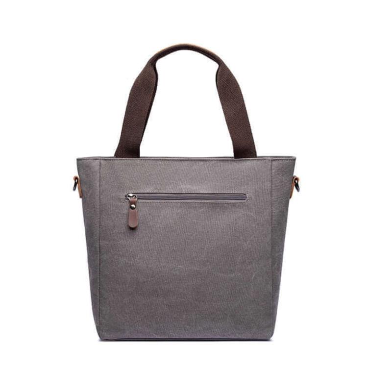 Back view of the women's grey canvas shoulder tote bag.
