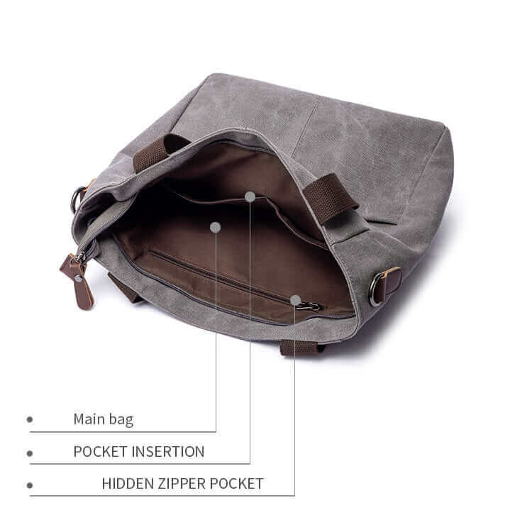 Details of the interior of the women's canvas shoulder bag.