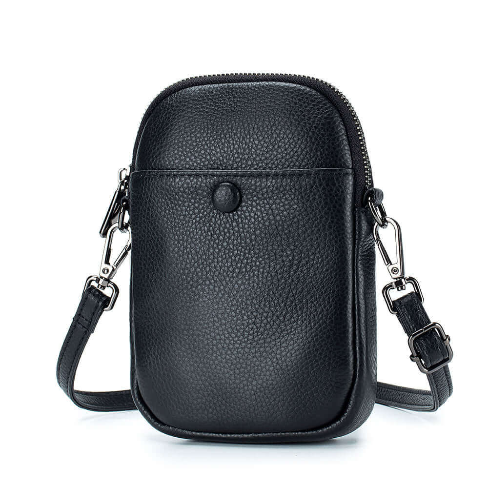 Women's leather mini mobile phone crossbody bag with decorative buckle, perfect for everyday use.