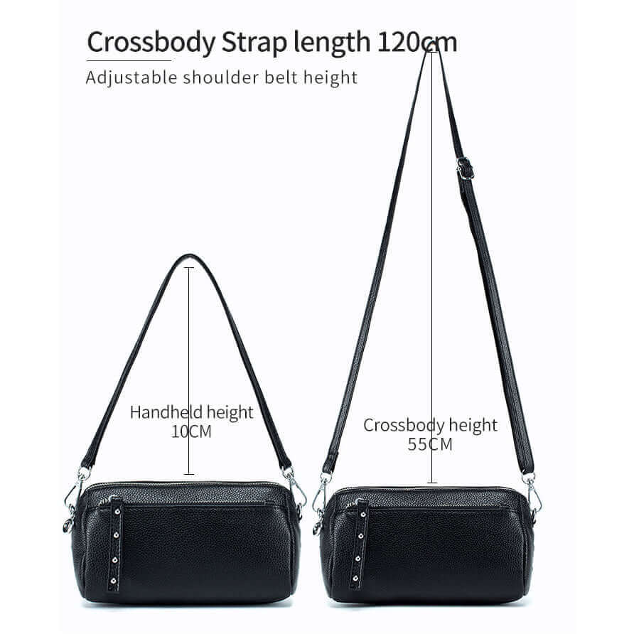 Women's leather shoulder bag with crossbody option, featuring short and long adjustable straps.