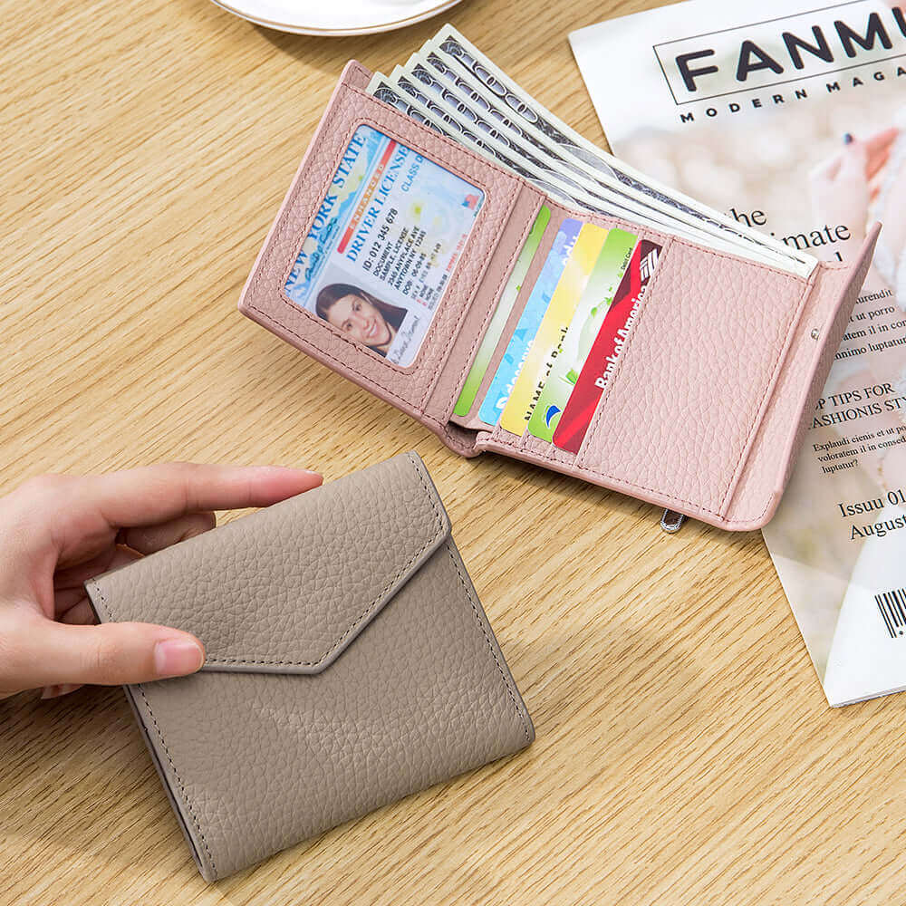 Beige leather wallet with zipper compartment for coins and cards